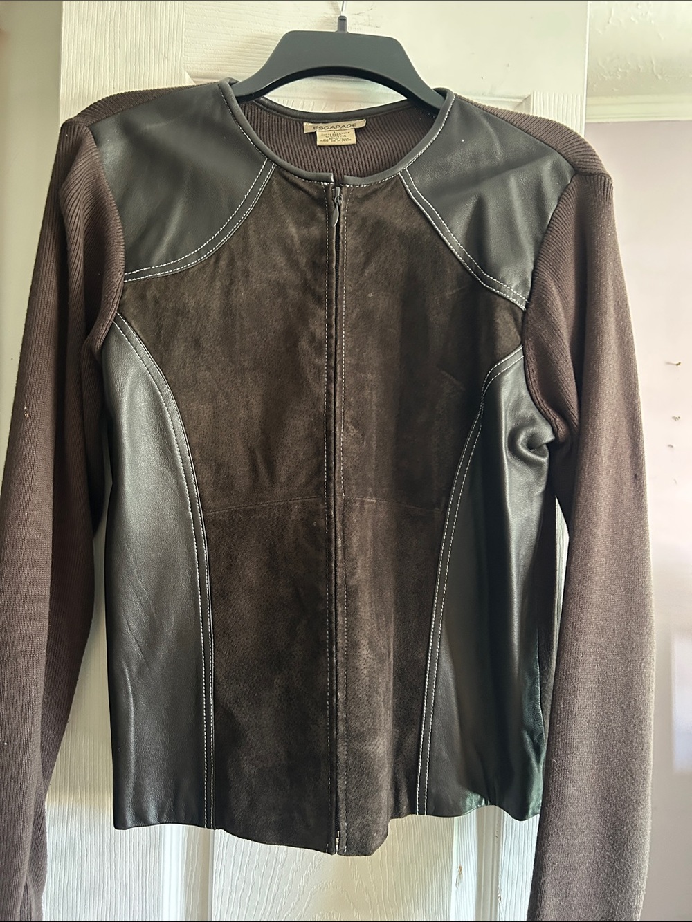 Suede & Leather Panel Zip Jacket - Brown